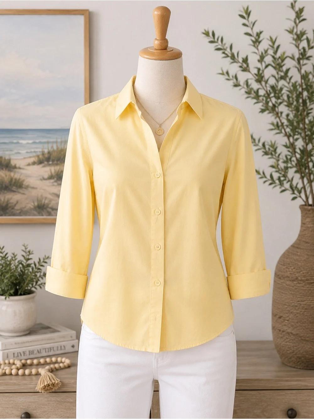 Chico’s Butter Yellow Wrinkle Resistant Cotton Button Shirt Size 2 - Picture 2 of 7